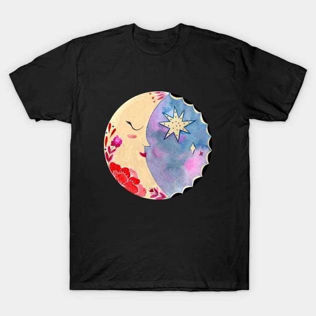 Mexican moon with folk flowers and stars T-Shirt by Cris Banana